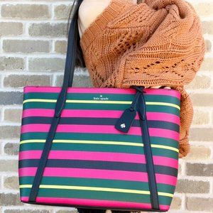 Kate Spade Cara Large Top Zip Tote Wrapping Paper Stripe Pink Black Multi